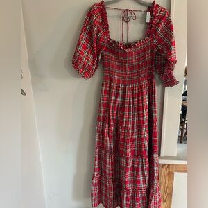 Hill House Red Tartan Maxi Dress with Puff Sleeves